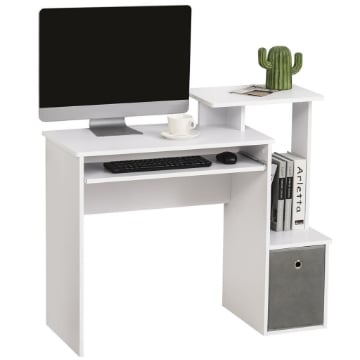 SCRIVANIA PER COMPUTER CON MENSOLA PORTA TASTIERA, RIPIANO E CASSETTO IN TESSUTO, IN LEGNO, 100X40X86.6CM, BIANCO