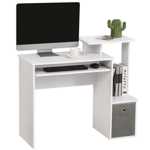 SCRIVANIA PER COMPUTER CON MENSOLA PORTA TASTIERA, RIPIANO E CASSETTO IN TESSUTO, IN LEGNO, 100X40X86.6CM, BIANCO