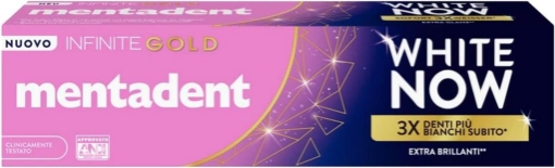 MENTADENT DENTIFRICIO WHITE NOW INFINITE GOLD SBIANCANTE CON WHITETECHNOLOGY PER DENTI 3 VOLTE PIÙ BIANCHI 75 OKX