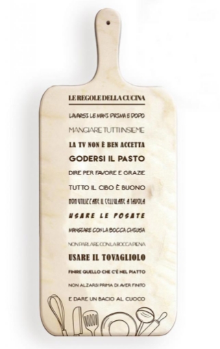 TAGLIERE DA CUCINA BIANCO IN MISURA 15X37 CM CON TEMA E SCRITTA LE REGOLE DELLA CUCINA COLOR LEGNO  OKX