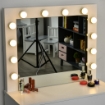 SET TAVOLO DA TRUCCO CON SPECCHIO 12 LUCI LED CASSETTO E SGABELLO IN LEGNO BIANCO