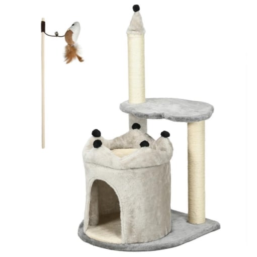 ALBERO TIRAGRAFFI PER GATTI CON CASETTA E LETTINO, RIVESTIMENTO PELUCHE E GIOCO, 48X48X86CM, GRIGIO