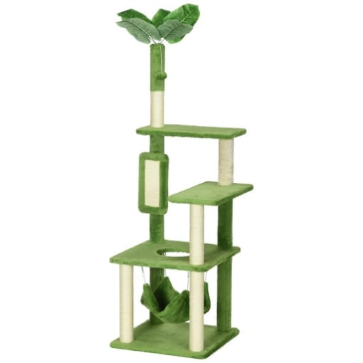 ALBERO TIRAGRAFFI PER GATTI CON AMACA, PALLINA E TIRAGRAFFI IN SISAL, 49X49X142CM, VERDE