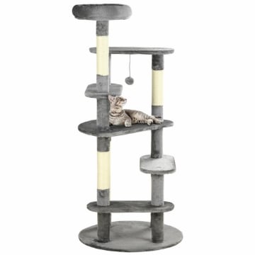 ALBERO TIRAGRAFFI PER GATTI CON PALI IN SISAL, LETTINO CON CUSCINO E PALLINA, Ø60X136CM, GRIGIO