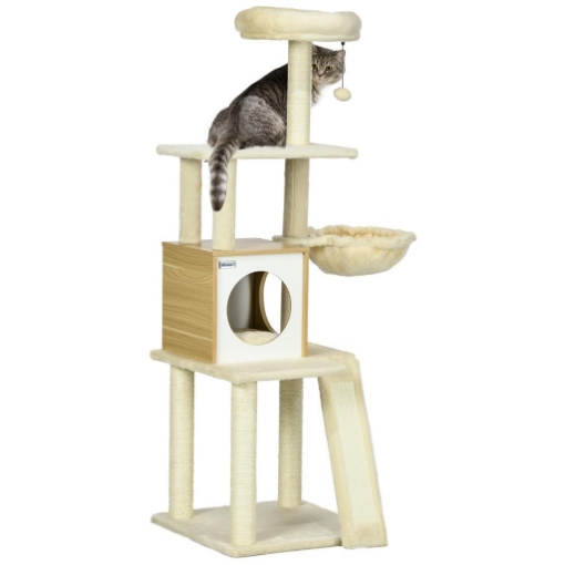 ALBERO PER GATTI CON CASETTA, TIRAGRAFFI PER GATTI, POSATOIO E PALETTO, 48.5X48.5X141.5 CM, BEIGE