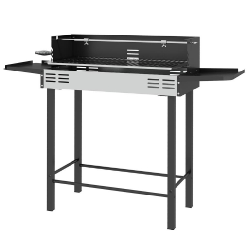 BARBECUE A CARBONE A 3 LIVELLI CON MENSOLE PIEGHEVOLI E GIRARROSTO, IN ACCIAIO INOX, 118X32X90 CM, NERO