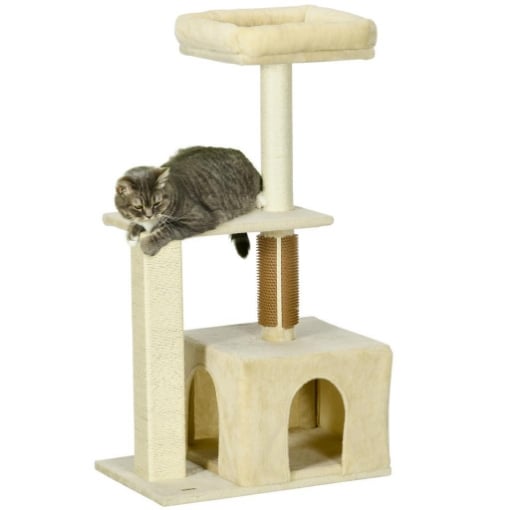 ALBERO PER GATTI CON PALETTO, CASETTA PER GATTI, TIRAGRAFFI E POSATOIO, 60X40X108 CM, BEIGE