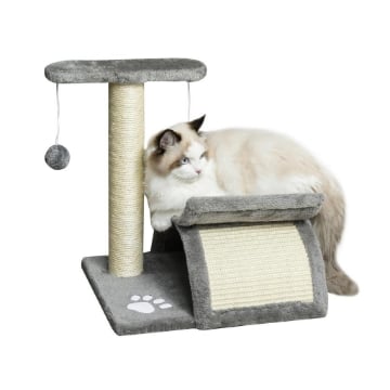 ALBERO TIRAGRAFFI PER GATTI IN PELUCHE CON PALO IN SISAL, CUCCIA E 2 PALLINE, 40X30X43CM, GRIGIO