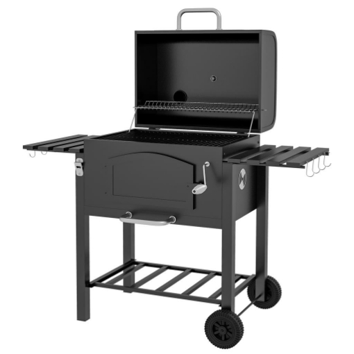 BARBECUE DA GIARDINO A 2 RUOTE CON GRIGLIA, AFFUMICATORE E FORNELLO, IN METALLO E GHISA, 124X66X112 CM, NERO