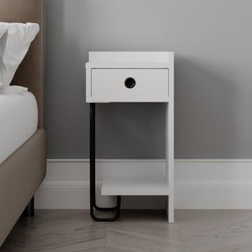 COMODINO SIRIUS BIANCO CON CASSETTO E GAMBA IN METALLO NERO 