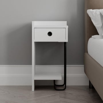 COMODINO SIRIUS BIANCO CON CASSETTO E GAMBA IN METALLO NERO 