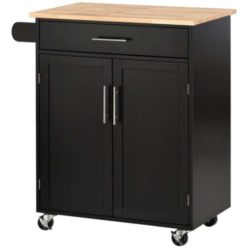 CARRELLO DA CUCINA CON CASSETTO E ARMADIETTO 2 ANTE, RUOTE E BARRA LATERALE, 83X45X91.5CM, NERO