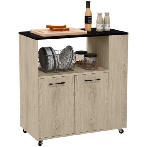 CARRELLO DA CUCINA IN TRUCIOLATO CON RIPIANO APERTO, ARMADIETTO A 2 ANTE E SCAFFALE LATERALE, 75X40X80.5 CM