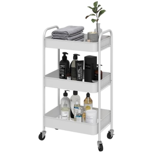 CARRELLO DA CUCINA A 3 LIVELLI CON MANIGLIE E 4 ROTELLE, IN ACCIAIO, 45X30.6X79 CM, BIANCO