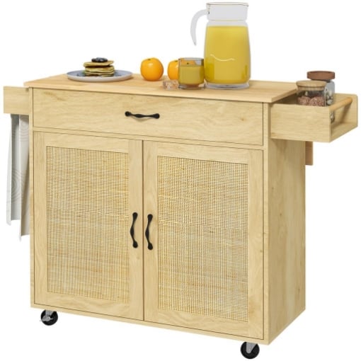 CARRELLO DA CUCINA CON PIANO PIEGHEVOLE, CASSETTO E ARMADIETTO IN LEGNO E RATTAN STILE BOHO