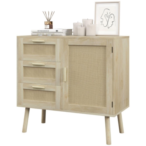  MOBILE MULTIUSO STILE BOHO CON ARMADIETTO E 3 CASSETTI IN LEGNO E RATTAN, 80X36X75CM, ROVERE