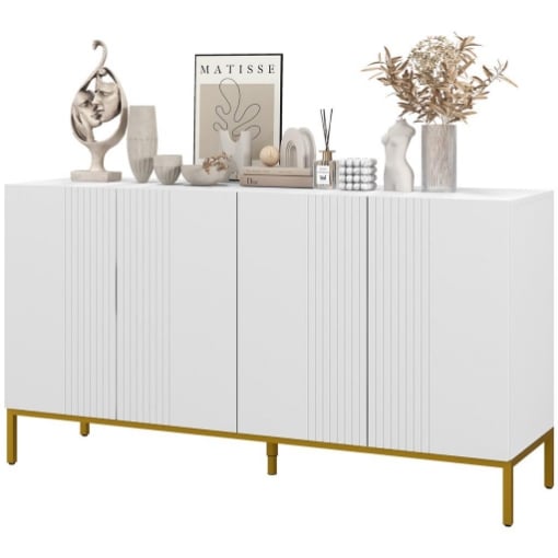 CREDENZA MODERNA A 4 ANTE CON CHIUSURA AMMORTIZZATA E MENSOLE REGOLABILI, 140X40X75CM, BIANCO E ORO