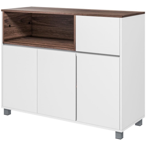 CREDENZA MODERNA DA CUCINA IN LEGNO CON ARMADIETTI, CASSETTO E VANO APERTO, 105X39X83CM, BIANCO