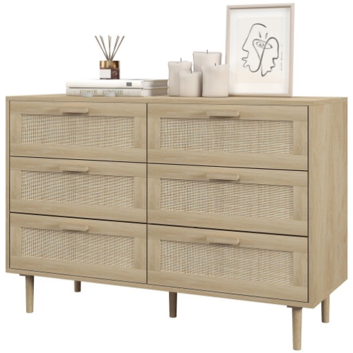 CASSETTIERA 6 CASSETTI IN LEGNO E RATTAN STILE BOHO PER SOGGIORNO E CAMERA DA LETTO, 110X40X75 CM