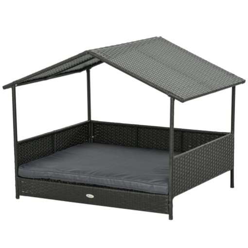 CASETTA PER CANI RIALZATA CON CUSCINO SFODERABILE, IN RATTAN PE E ACCIAIO, 117X85X89 CM, GRIGIO E MARRONE