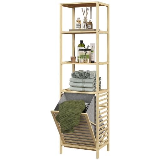 COLONNA BAGNO CON 3 RIPIANI IN LEGNO DI BAMBÙ E CESTO PORTABIANCHERIA IN TESSUTO, 44X33X160CM