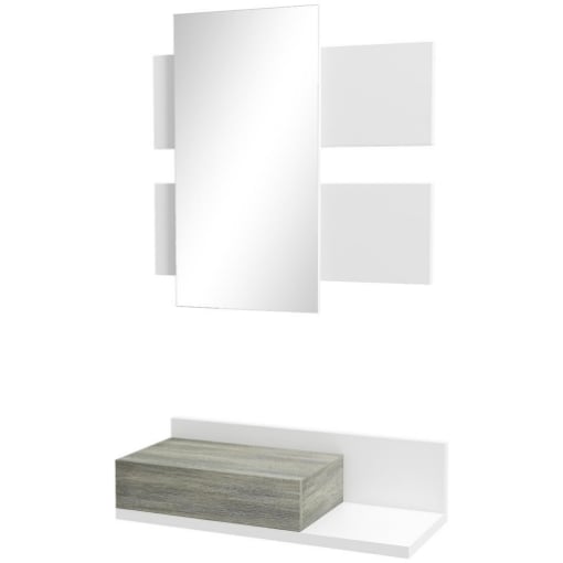  MOBILE DA INGRESSO 2 IN 1 CON SPECCHIO DA PARETE 75X3.5X75 CM E CASSETTO 75X30.5X20 CM, GRIGIO E BIANCO