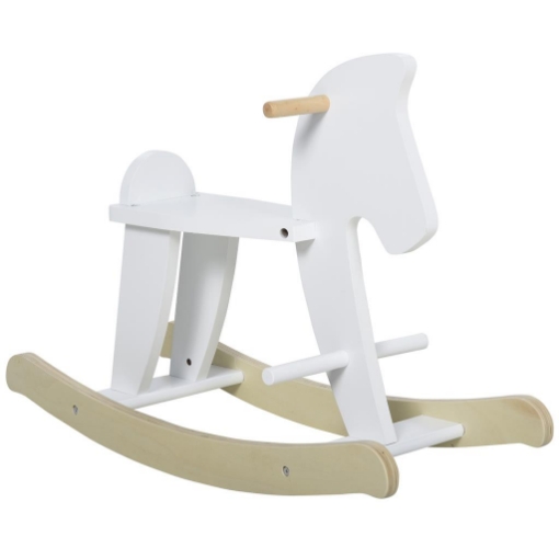 CAVALLO A DONDOLO PER BAMBINI 1-3 ANNI, DESIGN CLASSICO IN LEGNO CON MANIGLIE E POGGIAPIEDI, 68X26.5X48CM, BIANCO