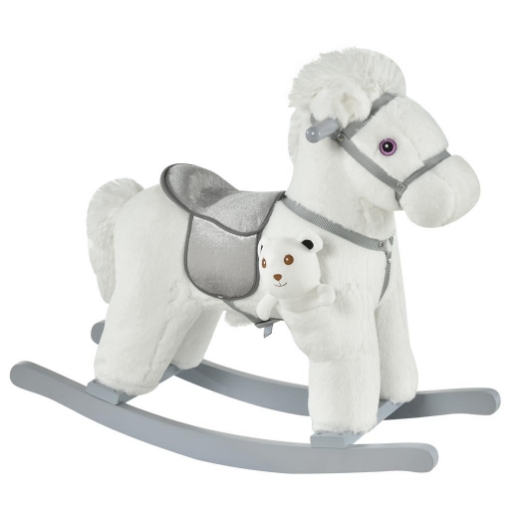 CAVALLO A DONDOLO IN PELUCHE E LEGNO CON SUONI E ORSETTO INCLUSO, PER BIMBI DA 18-36 MESI, 65X26X55CM, BIANCO