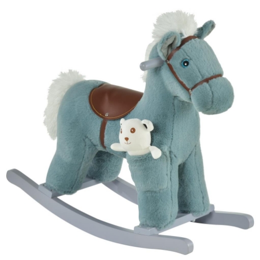 CAVALLO A DONDOLO IN PELUCHE E LEGNO CON SUONI E ORSETTO INCLUSO, PER BIMBI DA 18-36 MESI, 65X26X55CM, BLU