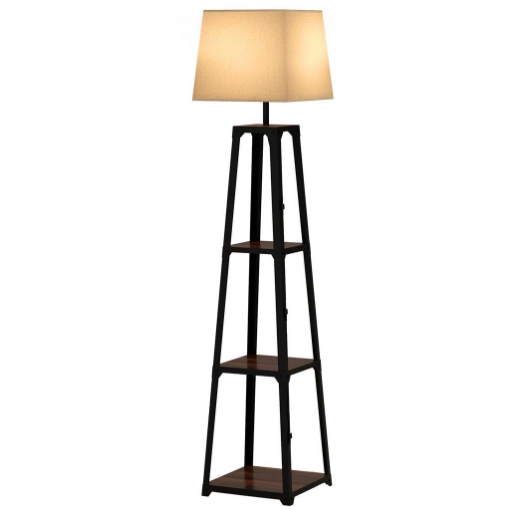 LAMPADA DA TERRA IN METALLO E MDF A 3 RIPIANI CON PARALUME IN TESSUTO, Ø42X166 CM, NERO E BEIGE