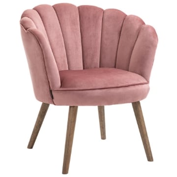 POLTRONA IMBOTTITA CON SCHIENALE A CONCHIGLIA E GAMBE IN LEGNO, POLTRONA IN VELLUTO PER SALOTTO E CAMERA, 66X72X79CM, ROSA