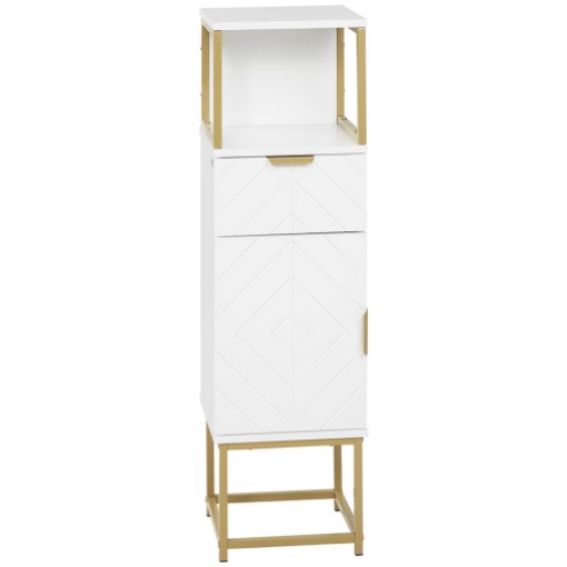 MOBILE COLONNA BAGNO CON CASSETTO, ARMADIETTO E RIPIANO IN LEGNO E METALLO, 30X30X105CM, BIANCO