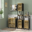 MOBILETTO BAGNO A DOGHE CON 2 RIPIANI APERTI E 2 ARMADIETTI, IN MDF E BAMBÙ, 32X30X172 CM, NERO E COLOR LEGNO