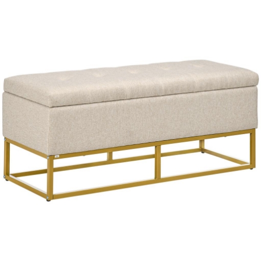 PANCA CON CONTENITORE IN POLIESTERE TRAPUNTATA CON GAMBE IN ACCIAIO D'ORO, 110X44X48CM, BEIGE