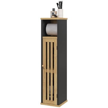 MOBILETTO BAGNO CON RIPIANO APERTO E ARMADIETTO, IN BAMBÙ E MDF, 18X18X75 CM, NERO E COLOR LEGNO
