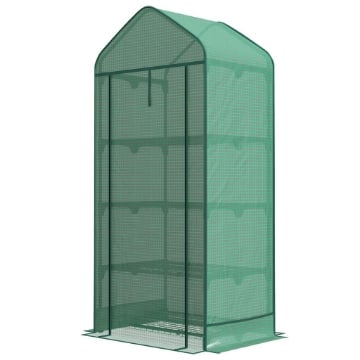 SERRA PER PIANTE A 4 RIPIANI CON PORTA AVVOLGIBILE, IN METALLO E PE, 69X49X158 CM, VERDE SCURO