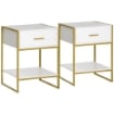 SET 2 COMODINI MODERNI CON CASSETTO E RIPIANO APERTO IN MDF E ACCIAIO, 45X40X60CM, BIANCO E ORO