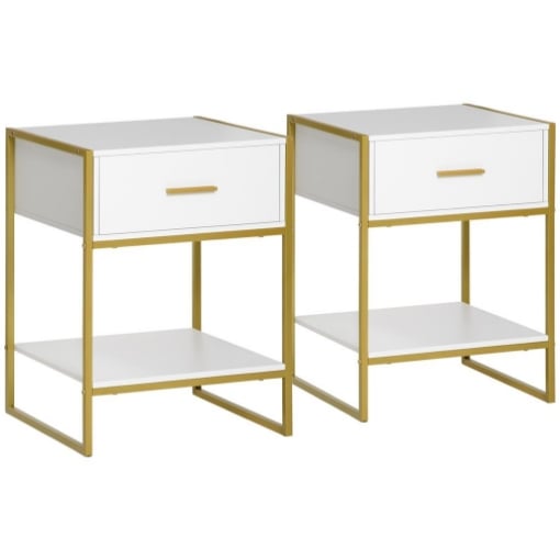 SET 2 COMODINI MODERNI CON CASSETTO E RIPIANO APERTO IN MDF E ACCIAIO, 45X40X60CM, BIANCO E ORO