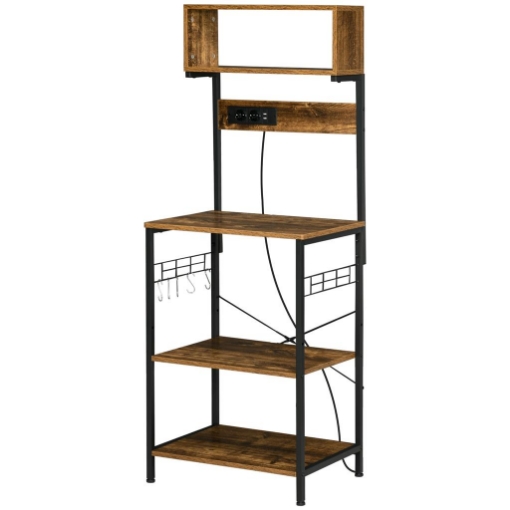 SCAFFALE CUCINA CON MULTIPRESA, RIPIANI E GANCI STILE INDUSTRIALE, 60X42X153CM, MARRONE