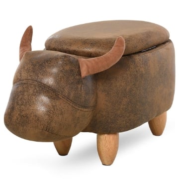 POUF CONTENITORE A FORMA DI BUFALO, SGABELLO POGGIAPIEDI CON STRUTTURA IN LEGNO E SEDUTA IMBOTTITA, 62X35X36CM, MARRONE