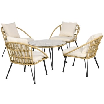 SET DA GIARDINO 5 PEZZI IN RATTAN CON TAVOLO ROTONDO Ø82X50 CM E 4 SEDIE 72X72X75 CM CON CUSCINI