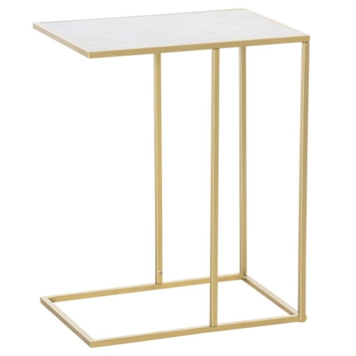 TAVOLINO DA SALOTTO CON PIANO EFFETTO MARMO E BASE IN METALLO, 48X30.5X61CM, BIANCO E ORO