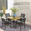 SET TAVOLO E 4 SEDIE DA GIARDINO, PIANO EFFETTO MARMO E SEDIE IMPILABILI CON BRACCIOLI, MARRONE