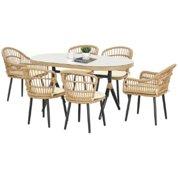 SET DA GIARDINO 7 PEZZI IN RATTAN PE CON TAVOLO DA PRANZO 153X89X74 CM E 6 SEDIE 52X62X78 CM CON CUSCINI