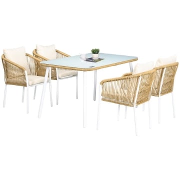 SET DA GIARDINO IN RATTAN PE E ALLUMINIO CON TAVOLO IN VETRO E 4 SEDIE IMPILABILI, GIALLO