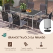 SET DA GIARDINO CON TAVOLO IN VETRO E 6 SEDIE IMPILABILI IN ACCIAIO E TEXTILENE, NERO