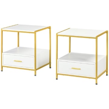 SET DI 2 COMODINI MODERNI CON CASSETTO E RIPIANO APERTO, 50X40X55CM, BIANCO E ORO