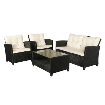 SET 4 PEZZI IN RATTAN PE TAVOLINO DIVANO E POLTRONE NERO CON CUSCINI BEIGE