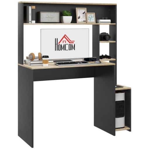 SCRIVANIA MODERNA CON RIPIANI E SUPPORTO PER CPU IN LEGNO, 114X45X138CM, GRIGIO E LEGNO NATURALE