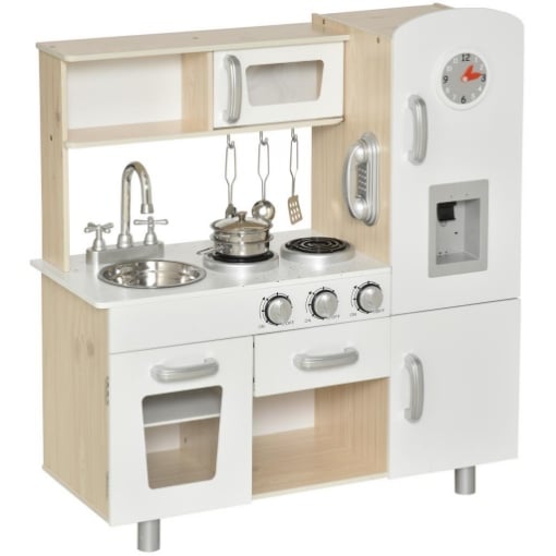 CUCINA GIOCATTOLO IN LEGNO PER BAMBINI CON LAVANDINO E FORNELLI PENTOLE E UTENSILI - BIANCO